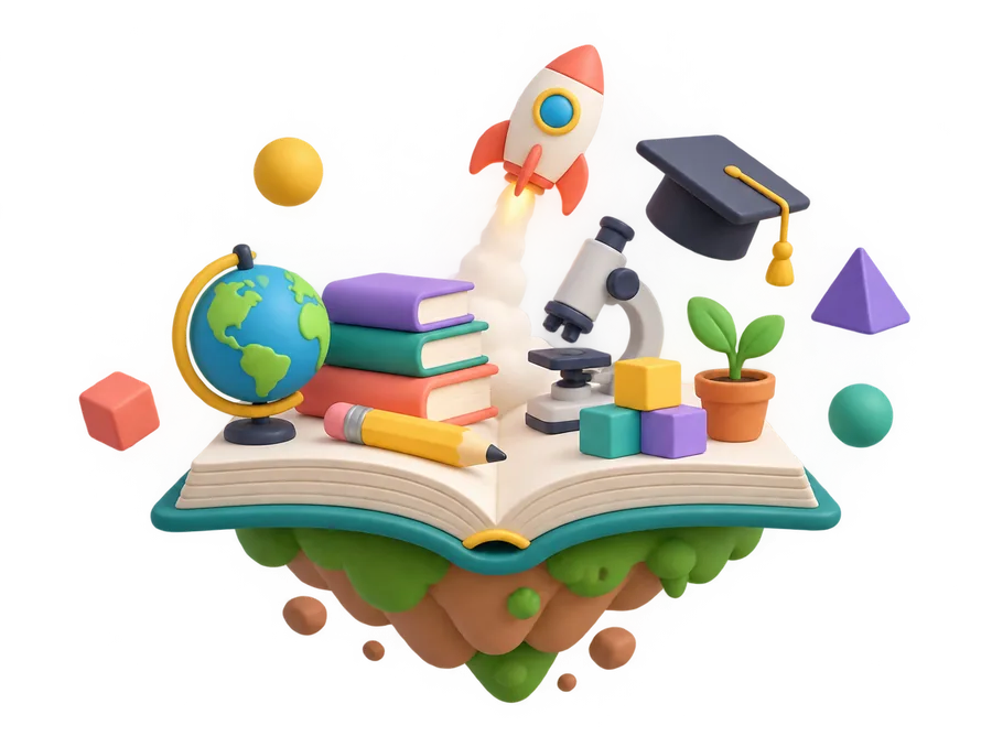 A floating open book with a globe, books, a microscope, a rocket and a graduation cap